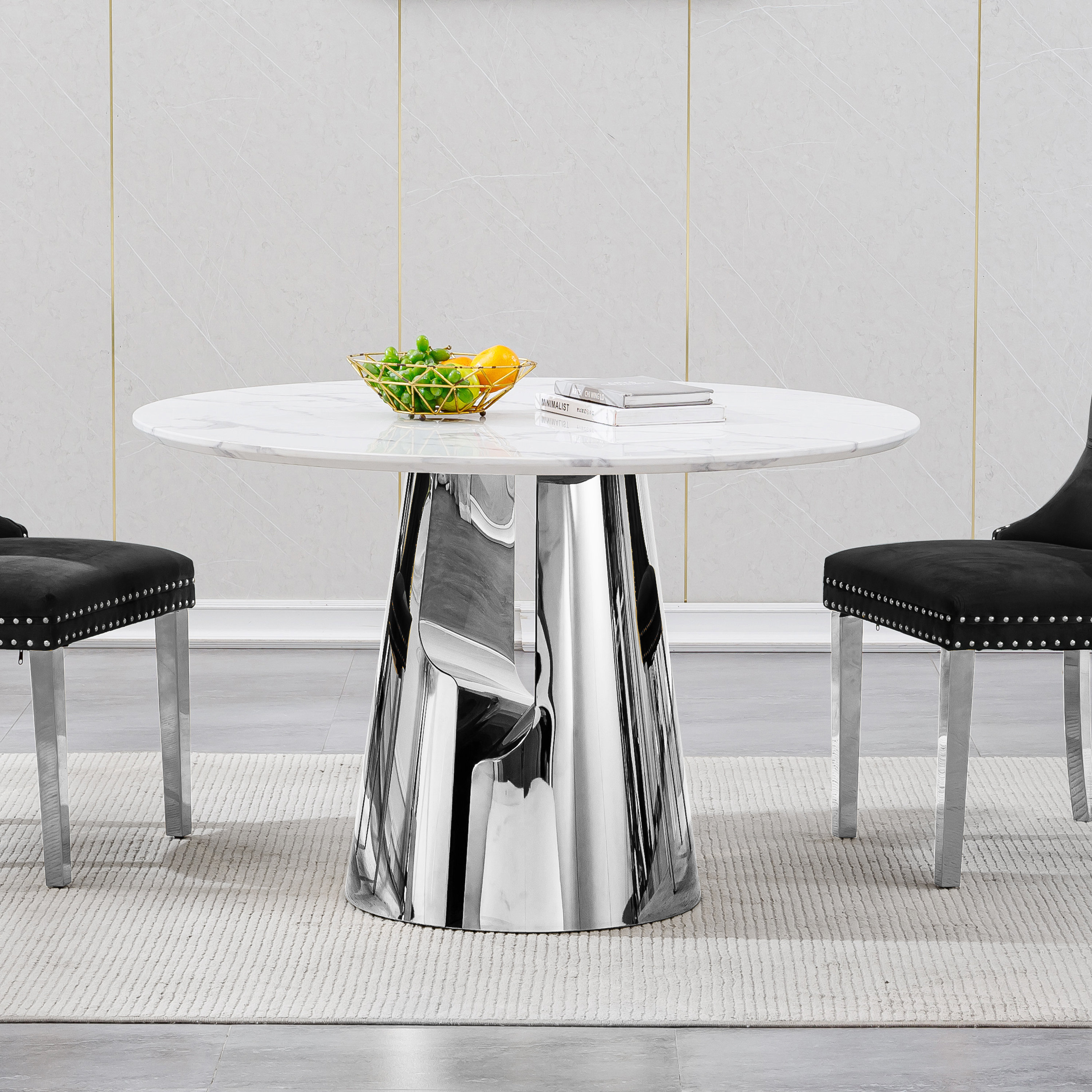 Ivy Bronx 47" Round Marble Dining Table For 4-6, Modern White Faux Marble Kitchen Dining Room ...